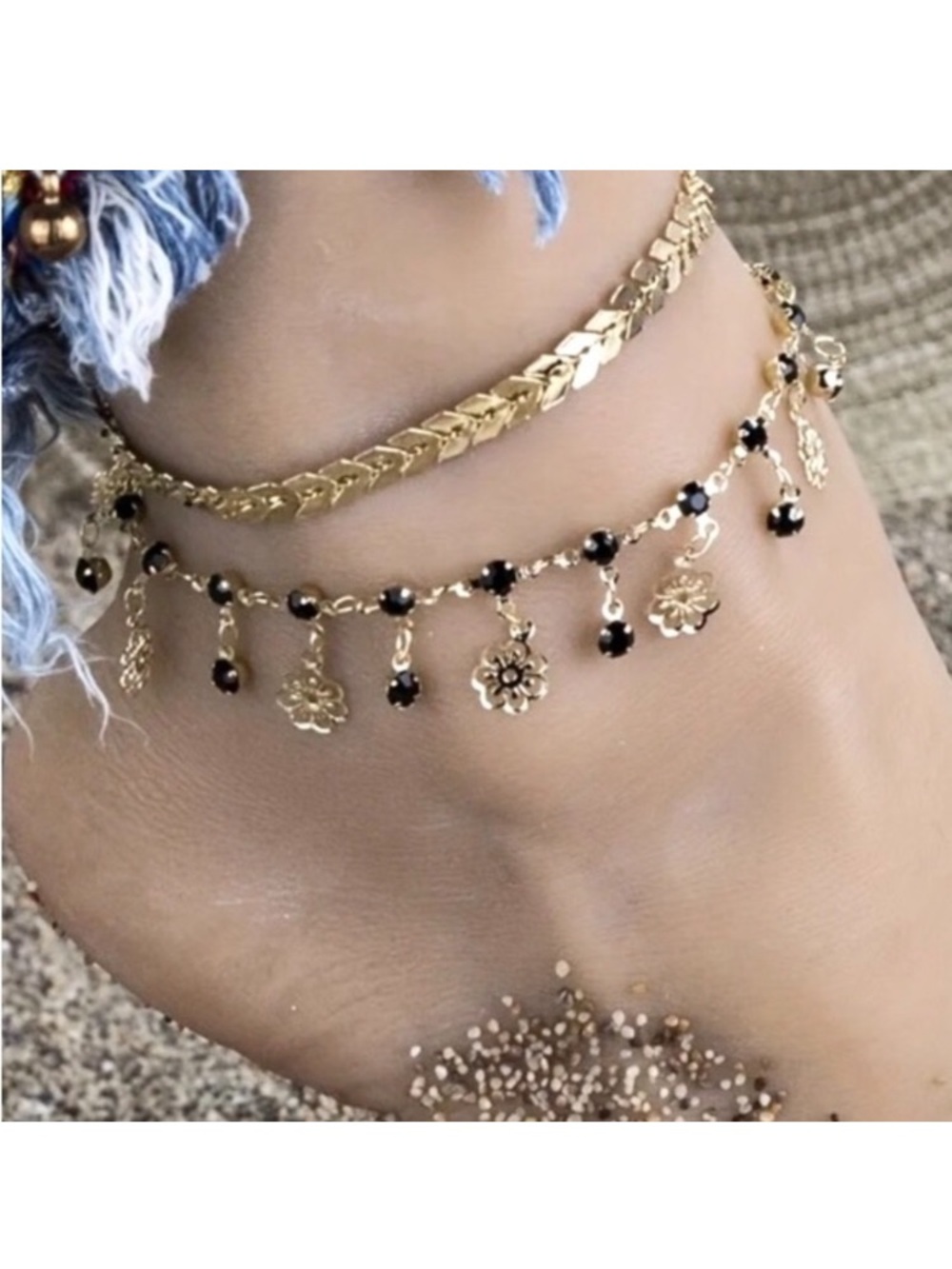 Flower Chevron Gold Toned Anklet Set